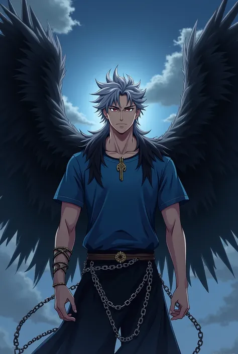 man, anime,wings,black feathers,blue t-shirt, gray hair,,night ,correntes,roupa elegante,orgulhoso 