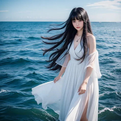 one girl、black hair、long hair、trimmed bangs、white dress、thin necklace、a soft smile、the background is the sea、about 2