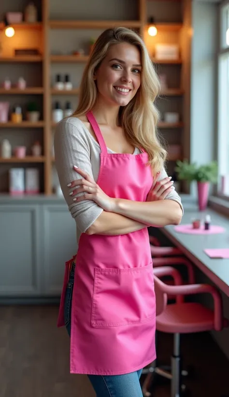 A woman Nails nail designer, standing, sideways, arms crossed, pink apron and jeans, smile on face