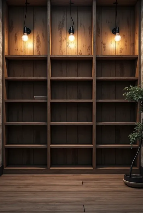 
empty wooden shelves in a horizontal position and a light bulb in each cubicle, Layered wooden floor for placing home decoration items, Empty bookshelf. grunge industrial interior Uneven diffuse lighting version. Design component, Empty locker room for so...