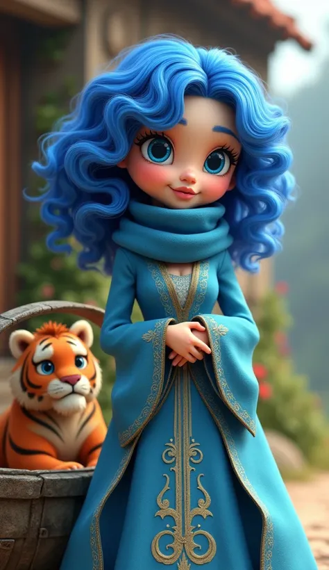 3D style cartoon
 blue hair curly hair
A blue muffler girl with blue eyes Beautiful medieval dress An old basket with a cute tiger inside