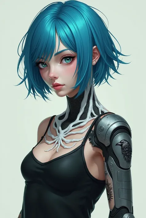 A girl with short blue hair, a mechanical prosthesis in the right arm and comfortable clothes. She has white veins popping out of her neck and a raven tattoo on her left arm..