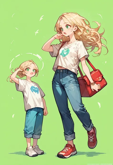  blonde girl, standing with mouth open, green eyes long blonde hair, with blue jeans white t-shirt without details, red shoes completely green background, full body, looking ahead, with one hand raised