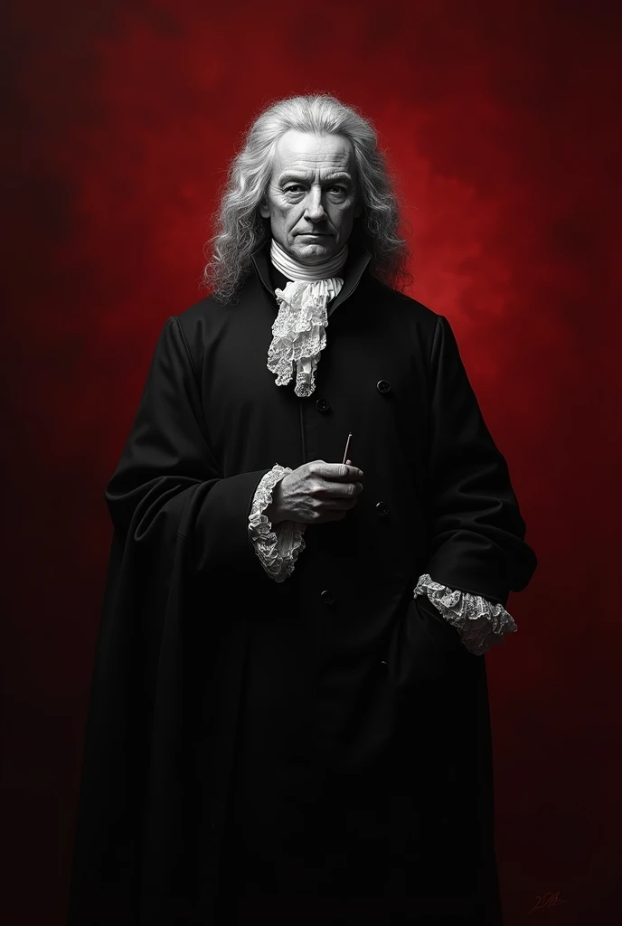 Create a black and white image of Voltaire, don&#39;t forget the red background (a darker shade) make him in straight posture