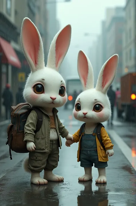 #39;s raining heavily，An anthropomorphic white ragdoll rabbit baby，Big eyes，Cute，wearing ripped raggedy clothes，Carrying a tattered backpack，a female same rabbit baby meet him on the side of the road。The background is on the road，People coming and going，Th...