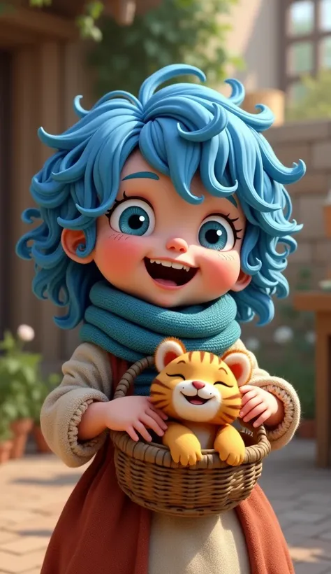 3D style cartoon laughing 
Agebaby  blue hair curly hair
A blue muffler girl with blue eyes Beautiful medieval dress An old basket with a cute tiger inside