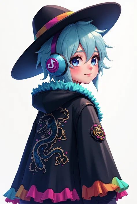 A boy who has a Peruvian hat and light blue emo hair with a half-smiling smile, a black coat with rainbow edges, a black-colored coat with rainbow edges, a black dragon back and a light blue edge, a tiktok head necklace, light blue and purple headphones