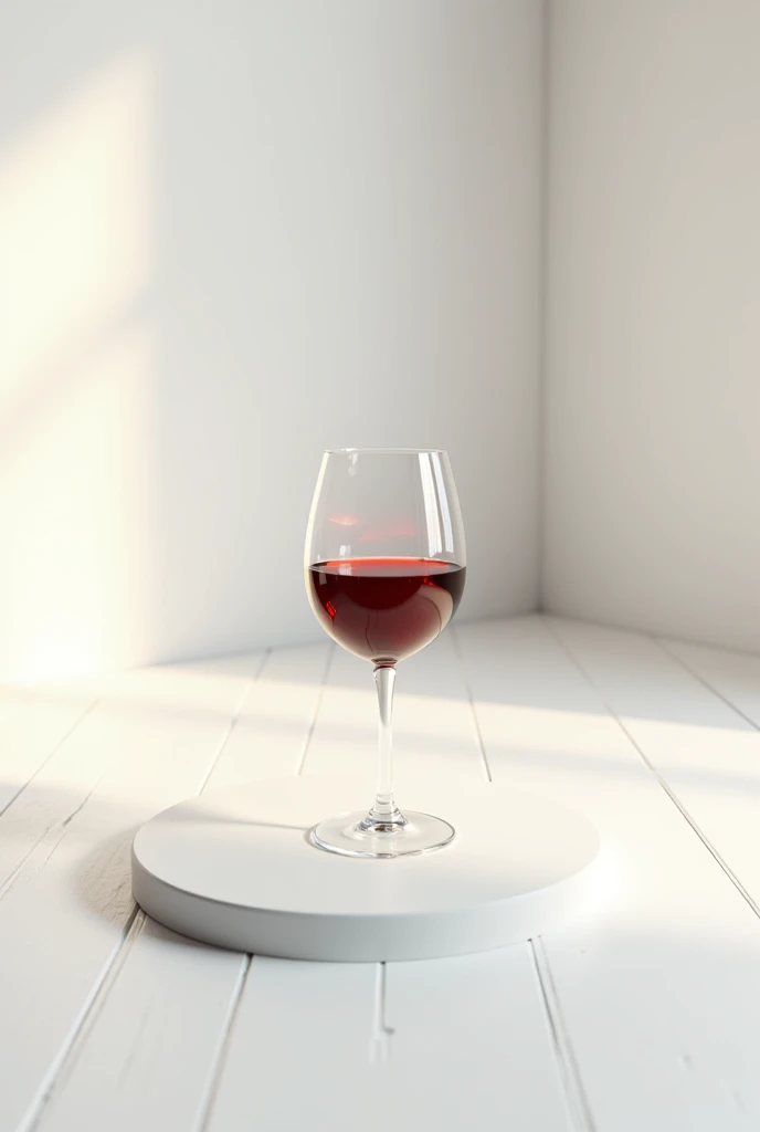 there is a glass of  red wine on a white wood table in a minimalist room 