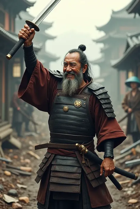 A Japanese samurai with a sword in his hand , Old war background,smile,happy,win