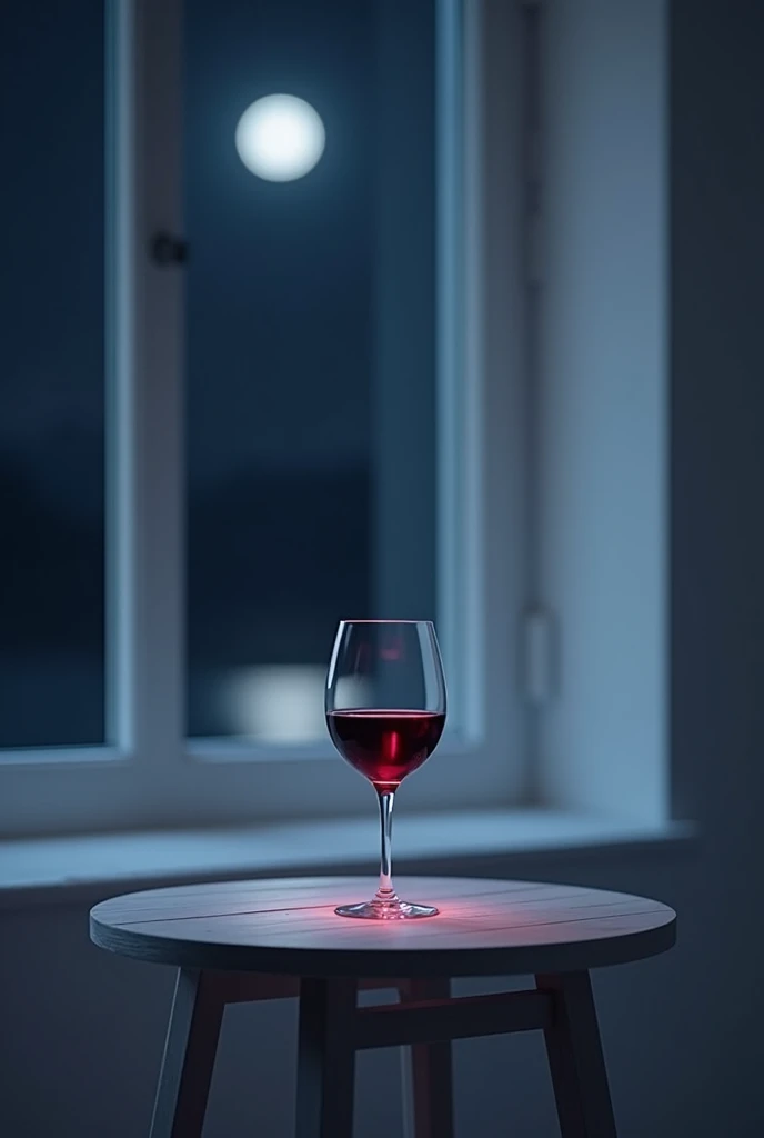 there is a glass of  red wine on a white wood table in a minimalist room, it is night time, moonlight, 