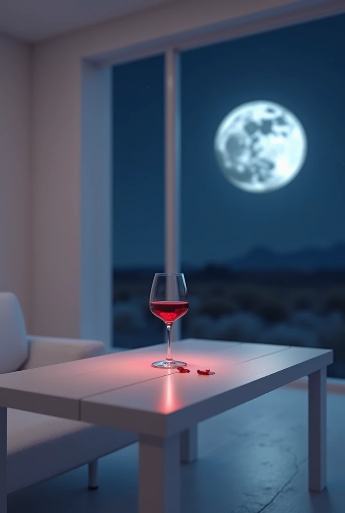 there is a glass of  red wine on a white wood table in a minimalist room, it is night time, moonlight, 