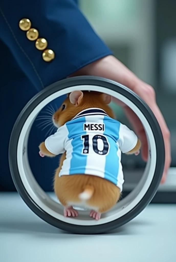 Real photo of hamster running inside a training wheel. The hamster is wearing a light blue and white Argentina football shirt.,  with the number 10 on the back and the name Messi. In the photograph you can see the hand of a man in a blue suit with gold but...