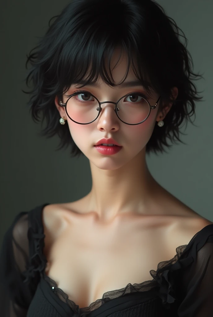 A young woman with short, tousled, wavy black hair, her expression is neutral, with pink lips slightly parted and piercing brown eyes, with glasses. She wears small elegant and shiny earrings and a low-cut black mini dress. tender looking.