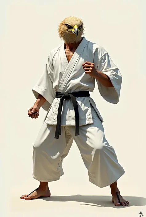 Man with Eagle head wearing white kimono and black belt on waist fighting Karate 