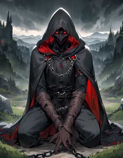 A man, wearing tattered dark clothing and cloak, with a hood, dark mask with long beak, red lenses. Chains wrapped around the arms. Dominant position, gloomy landscape.