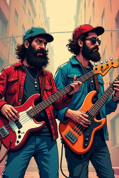 A bearded drummer wearing a cap and a skater-style bassist wearing a cap enjoying some music, spiderverse drawing style