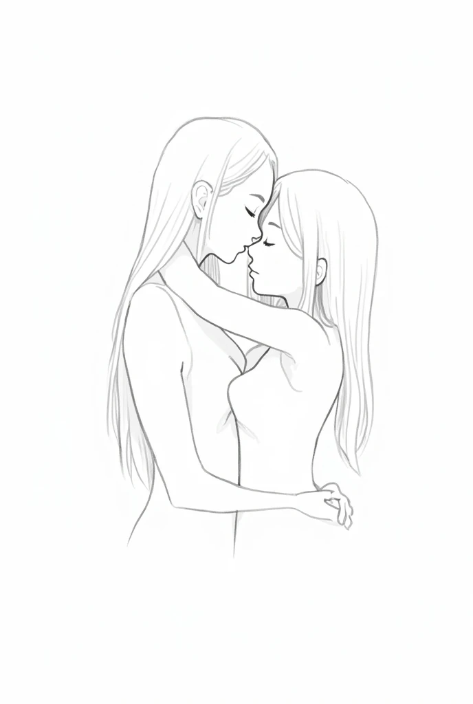 Line drawing of a mother with long straight hair hugging a  girl with long straight hair, where their nose is noticeable, mouth and eyes  