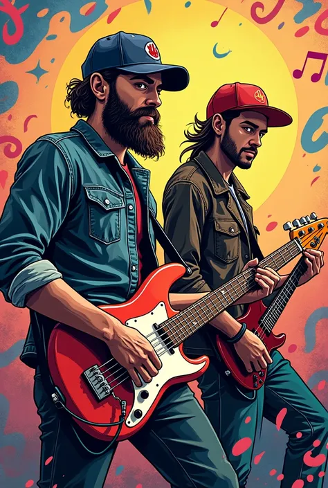 A bearded drummer wearing a cap and a skater-style bassist wearing a cap enjoying some music, spiderverse drawing style