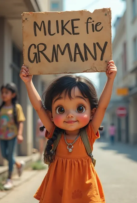 Chubby latina, 2, want to live in Germany, raises a sign with the inscription " give me visa"