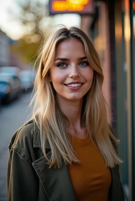 A candid, phone-captured image of a blonde woman at home. The scene feels casual and natural, with warm lighting typical of a cozy in Berlin. She might be walking on the sidewalk , everyday attire. The background could include common big City. Her expressi...