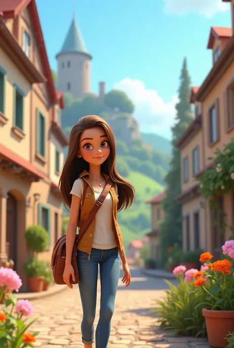 Create a Pixar-style 3D cartoon scene., where a woman, with long, straight brown hair, 2, She is traveling through Europe