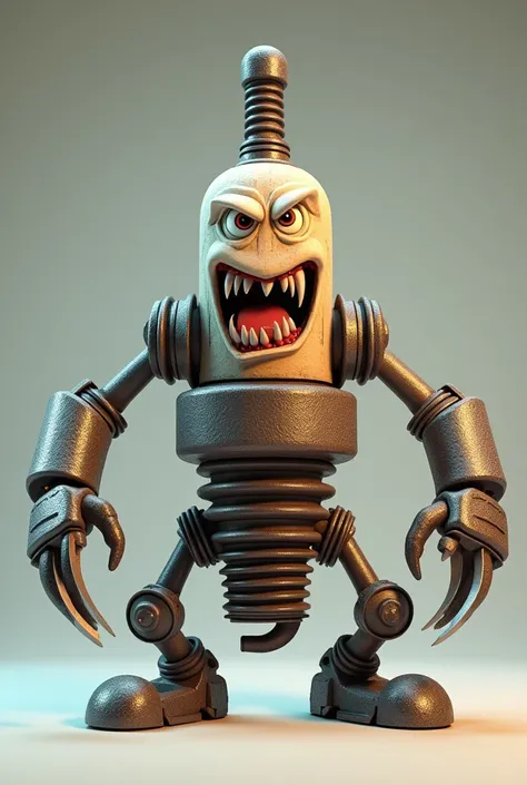 Create a picture of a spark plug with eyes, arms, a knife and legs, with a bad face in 3D cartoon style