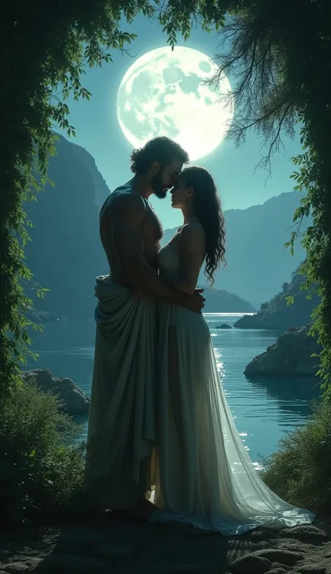 "afrodita and ares entwined in a forbidden embrace under the silver glow of the moon, their forms bathed in soft moonlight, set in a secluded, hidden grove of the ancient greek world, afrodita’s glowing skin contrasting with ares' muscular, shadowed figu