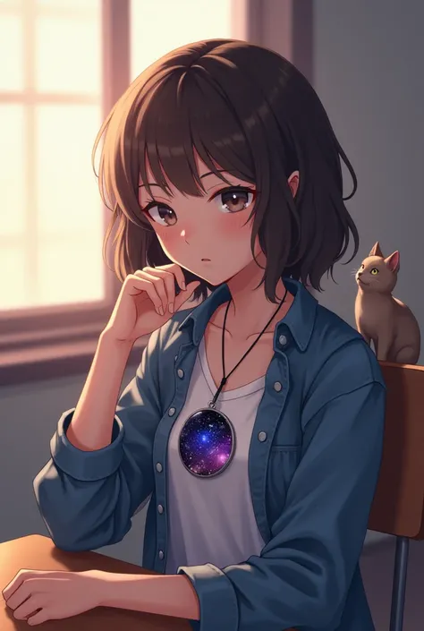 An animation of an introverted girl sitting in a classroom. She has dark brown wavy hair that reaches her shoulders without a parting. She has a delicate and youthful  appearance, with light skin, a slim figure, and she is short. Her expression is serious ...