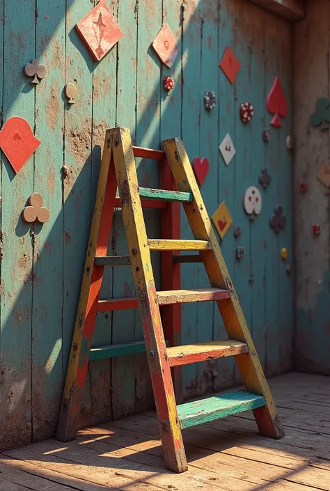 Draw a multi-colored ladder that is standing and leaning against a wall., where this wall is missing a step, and the wall is with a background of poker figures