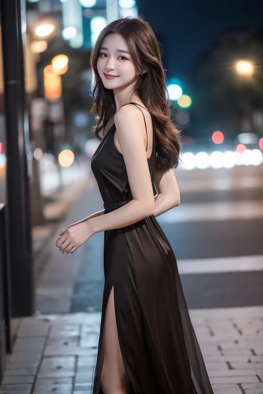 ((Best Quality, 8k, masterpiece :1.3)), 1 girl, smile, whole body, Slender face, Beautiful woman, (Dark Brown Hair), Full-length dress :1.1, Ultra detailed face, Delicate eyes, Double eyelids, Blurred Background, Slender face, city, external, street,