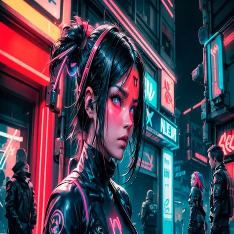 (4girls), Cyberpunk, (1samurai), (2netrunners), (1streetkid), (neon blue 1:1), best quality, (neon red 1:2), higher detail, masterpiece, grungy futuristic city, (ray trace), city lights, crowded streets, HDR, 4k, 8k, 3D. A cityscape reflected in a puddle o...