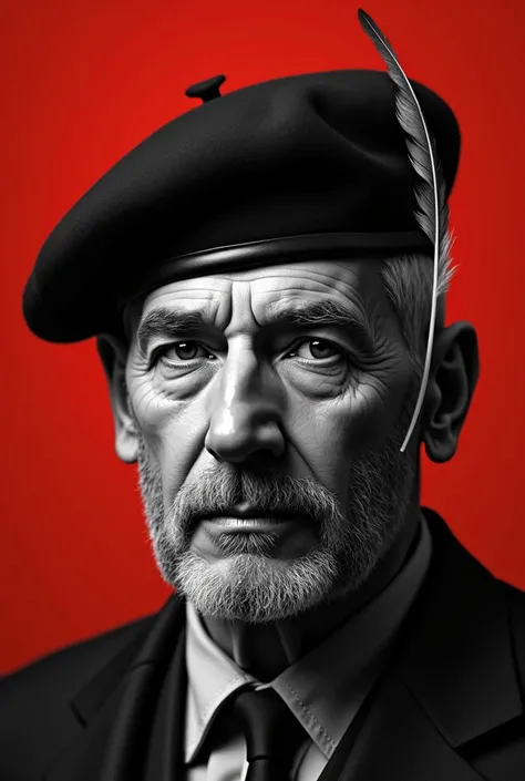 Create an image of former governor Mem de Sá in black and white, don&#39;t forget the red background (a darker shade) add a beret to your head and a feather next to the beret 