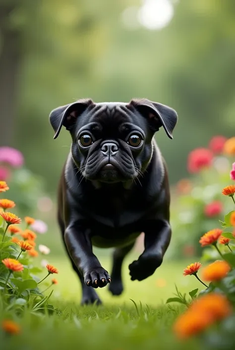 black pug dog, in a garden, running in direction of camera, realistic