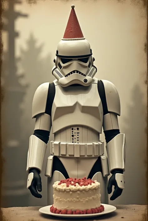 a stormtrooper in front of his birthday cake. like in an old photo