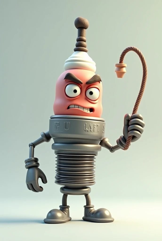 Create a picture of a spark plug with eyes, arms, a spark plug wire in his hand and legs, with a bad face in 3D cartoon style