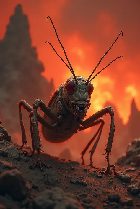 I want an album cover with a realistic brown cricket in hell