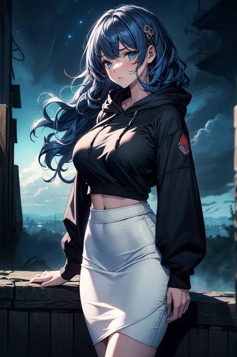 ((((masterpiece, best quality, high detail)))), beautiful woman, solo focus, (large breasts), long ((wavy hair)), ((blue hair)), hairpin, ((black hoodie)), ((white midi pencil ((skirt)))), ((long skirt)), ((absurdres)), slim body, wide hips, lower body, ga...