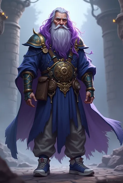 A free fire character with purple shadow hair,old man&#39;s beard,second pass chest,angelic blue and white sneakers