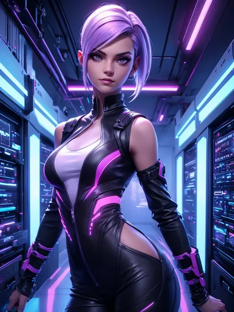 very slim female in long buzz cut hairstyle hacker, in purple vest and Leather Cooling Jumpsuit with glowing with white light Vertical Stitching wires, Xtreme, breasts, medium breasts, open vest, dirt on her clothes and face, black costume,leżącą na fotelu...