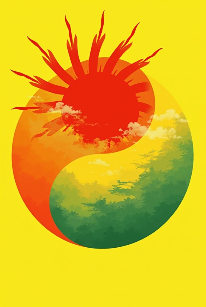 The screen is divided diagonally. On one side there is a red sun with long rays on a yellow background, on the other side there is a green sun with short rays on a yellow background. Make it into a Japanese yin yang shape