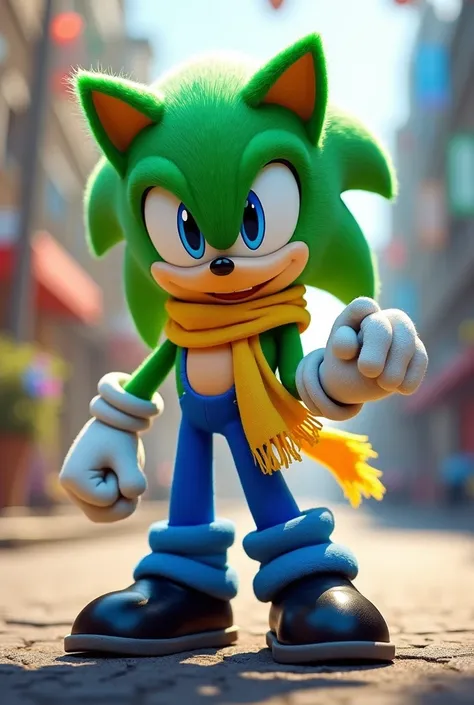 In Sonic the Hedgehog style character, green man with blue eyes, blue pants, and a yellow scarf, black shoes and white gloves