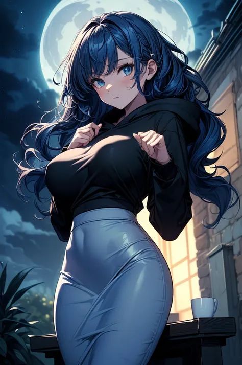 ((((masterpiece, best quality:1.2, high detail)))), beautiful woman, solo focus, (large breasts), long ((wavy hair)), ((blue hair)), hairpin, ((black hoodie)), ((white midi pencil ((skirt)))), (((long skirt))), ((absurdres)), slim body, wide hips, lower bo...