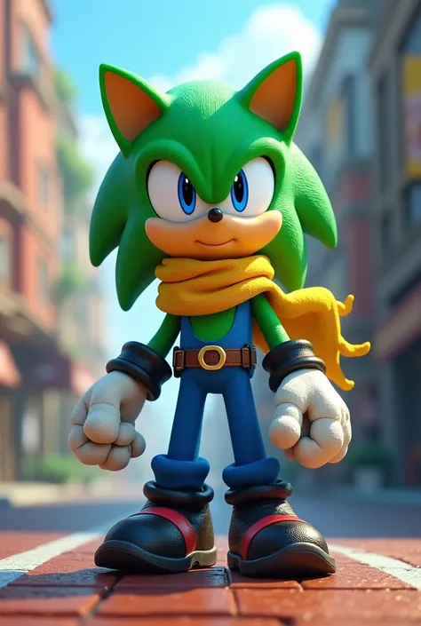 In Sonic the Hedgehog style character, green man with blue eyes, blue pants, and a yellow scarf, black shoes and white gloves