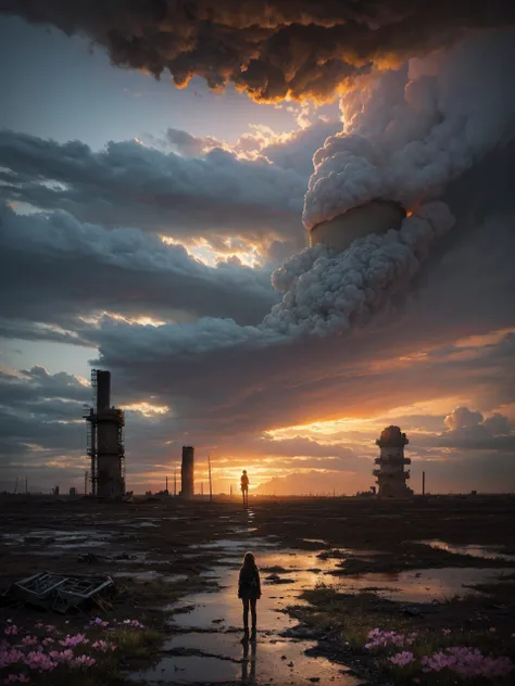 "Oil painting, ((resilient)) girl standing amidst nuclear wasteland ruins, delicate flowers emerging from the desolation, ominous clouds casting shadows, ((haunting beauty)), post-apocalyptic masterpiece"