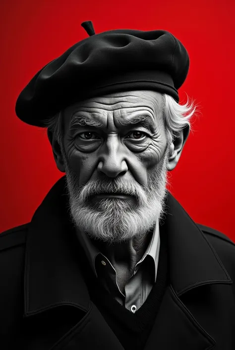 Create an image of former governor Mem de Sá in black and white, don&#39;t forget the red background (a darker shade) add a beret to your head, don&#39;t forget he has a beard (a medium beard)