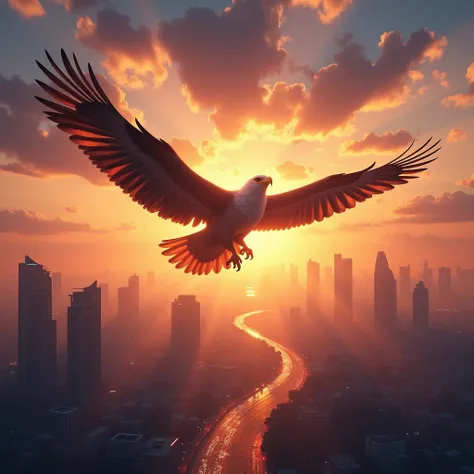 A bird flying over the city skies at sunset
