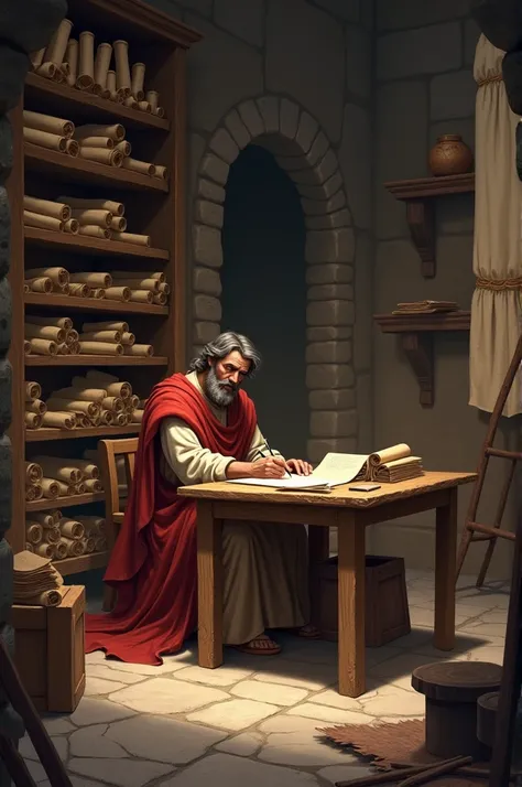 The Apostle Paul is sitting at a simple wooden table, writing carefully on ancient parchment with a quill from his time. His expression is focused as he composes a letter.. Behind him is a large wooden shelf filled with scrolls and rolled up manuscripts., ...