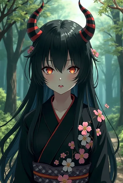 estilo kimetsu no yaiba. A girl with long black fluffy hair and honey-colored eyes and big fangs, is a demon, She is wearing a black kimono with cherry blossoms and has a forest in the background. 