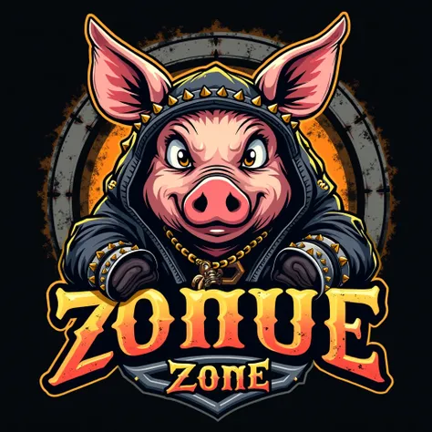 Logo for a biker shop with the name : Biker Zone "jl" .and the animated image of a Pig