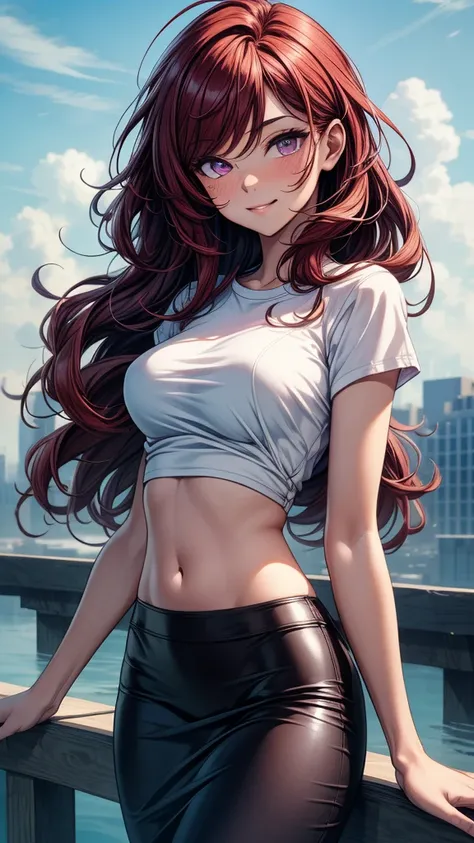 ((((masterpiece, best quality:1.3, high detail)))), beautiful woman, bright purple eyes, shy, full-face blush, seductive smile, smirk, (smug), solo focus, long ((wavy hair)), ((dark red hair)), hairpin, ((white t-shirt)), (black midi pencil (skirt)), (long...